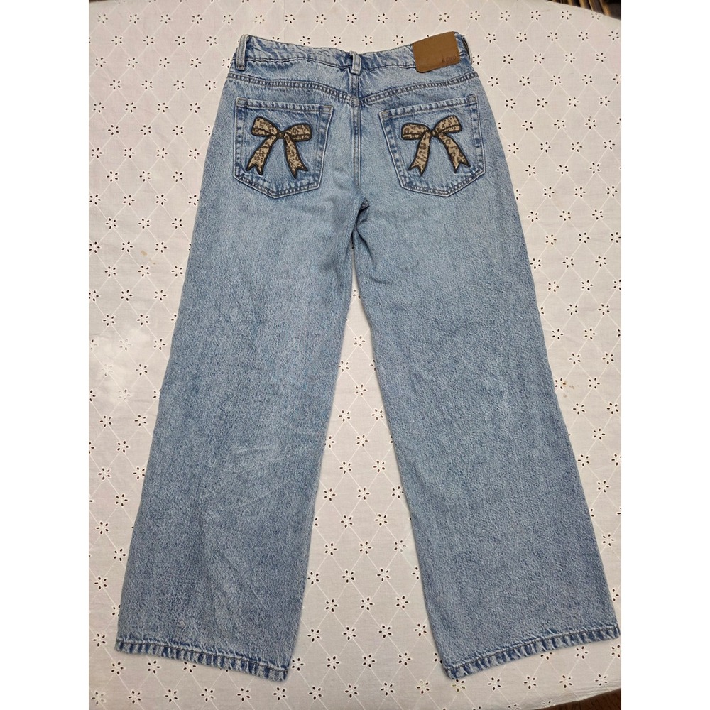 Aeropostale Aero Baggy Wide Leg Jeans Women 000 Short Leopard Bow Light Wash